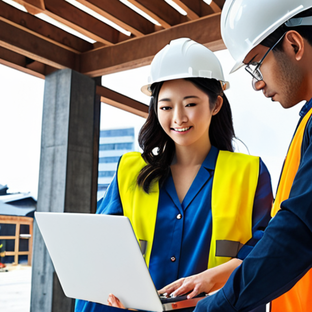 **Image Prompt:** "Construction site teamwork, diverse professionals collaborating, blueprint in hand, BIM model glowing on laptop, clear communication, modern Japanese architecture influence, soft natural lighting, optimistic atmosphere, representing project success."