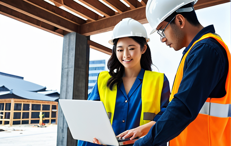 **Image Prompt:** "Construction site teamwork, diverse professionals collaborating, blueprint in hand, BIM model glowing on laptop, clear communication, modern Japanese architecture influence, soft natural lighting, optimistic atmosphere, representing project success."