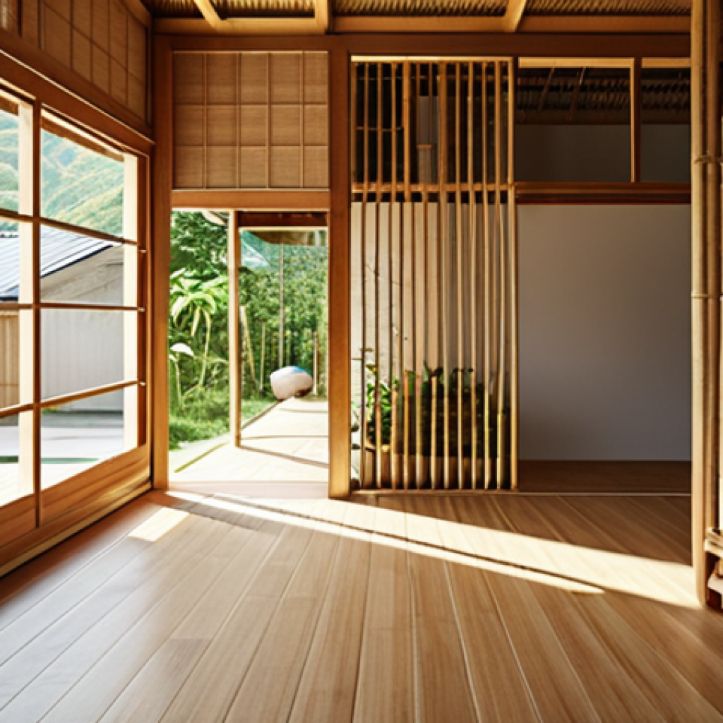 **Prompt:** Modern architectural design, emphasis on sustainable materials like wood and bamboo, incorporating green energy solutions like solar panels, blurring the line between indoor and outdoor space, inspired by Japanese minimalist aesthetics, natural light, soft shadows, high-resolution.