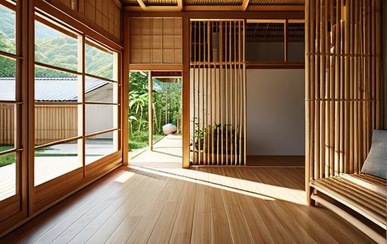 **Prompt:** Modern architectural design, emphasis on sustainable materials like wood and bamboo, incorporating green energy solutions like solar panels, blurring the line between indoor and outdoor space, inspired by Japanese minimalist aesthetics, natural light, soft shadows, high-resolution.