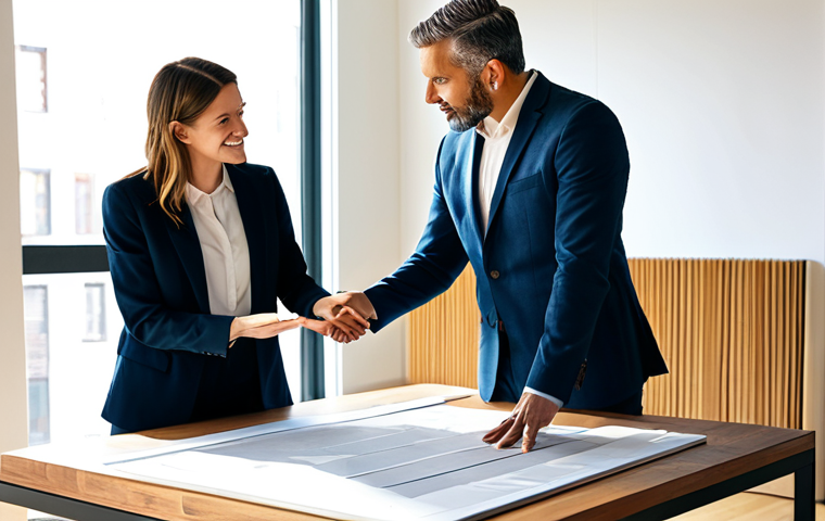 A professional male architect in a modest business suit, fully clothed, is warmly engaging with a diverse client couple in a sunlit, modern architectural studio. The architect points towards a detailed architectural model on a clean, wooden table, actively listening to the clients who are attentively viewing the model and offering feedback. The scene emphasizes collaboration, trust, and clear communication, showcasing a natural pose and correct proportions. This image is safe for work and contains appropriate content.