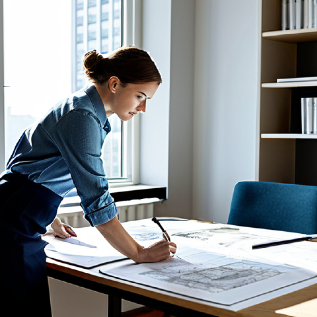 Modern Architect's Workspace**

"A bright, modern architect's office with a female architect in her late 20s, fully clothed in stylish, professional attire, reviewing blueprints at a large desk. Natural light streams through a window overlooking a cityscape. Architectural models and design books are visible. 'Safe for work,' 'appropriate content,' 'professional,' 'perfect anatomy,' 'correct proportions,' 'natural pose,' 'well-formed hands.'"

**