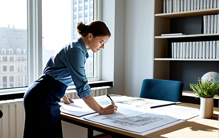 Modern Architect's Workspace**

"A bright, modern architect's office with a female architect in her late 20s, fully clothed in stylish, professional attire, reviewing blueprints at a large desk. Natural light streams through a window overlooking a cityscape. Architectural models and design books are visible. 'Safe for work,' 'appropriate content,' 'professional,' 'perfect anatomy,' 'correct proportions,' 'natural pose,' 'well-formed hands.'"

**