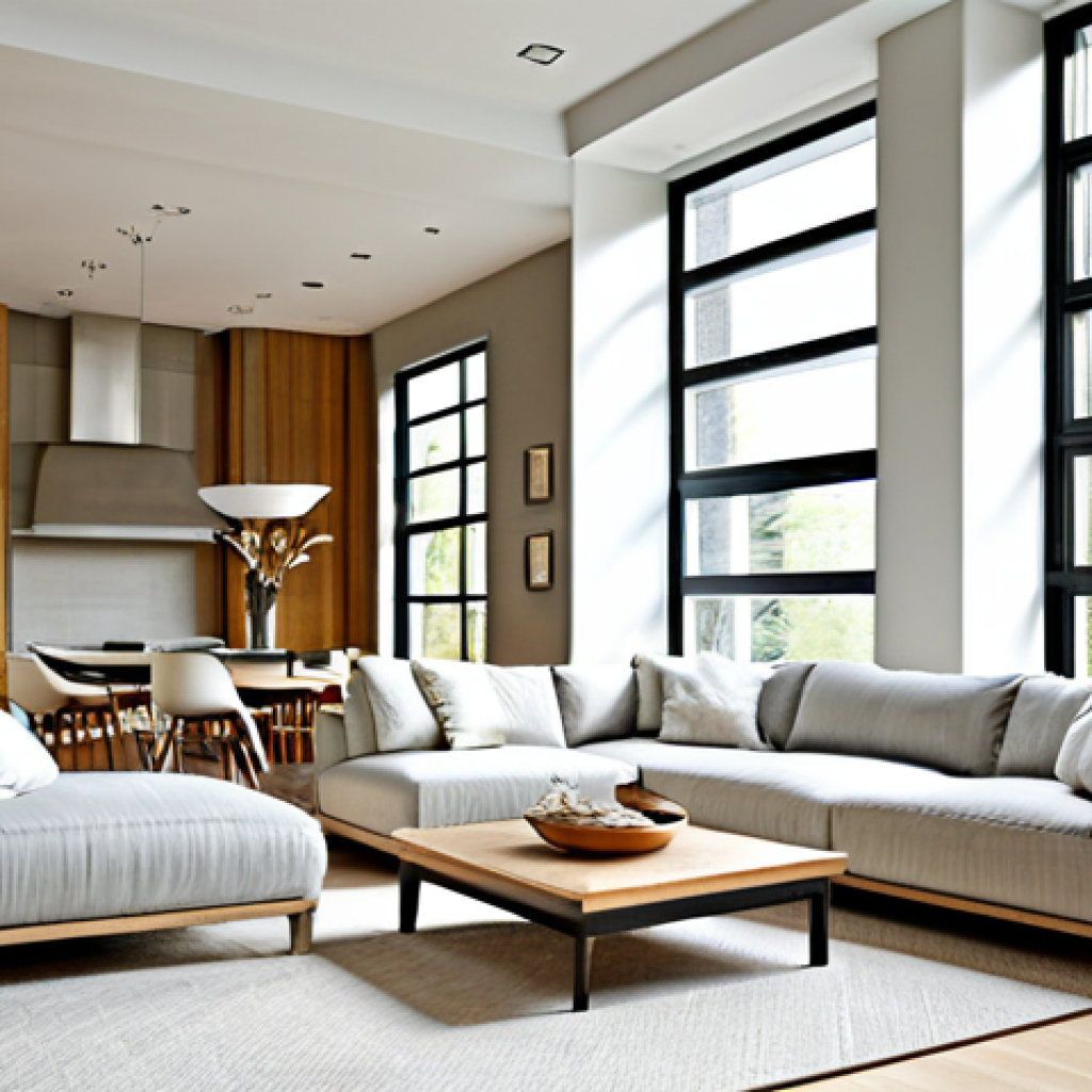 Bright and Airy Living Room with Large Windows**
"A modern living room featuring large, design-focused windows that let in ample natural light. The room is decorated with light-colored furniture and natural wood accents. Focus on the window placement which maximizes light and ventilation. Fully clothed people are enjoying the space. safe for work, appropriate content, professional, modest, perfect anatomy, correct proportions, natural pose, well-formed hands, proper finger count, natural body proportions, high quality."
**