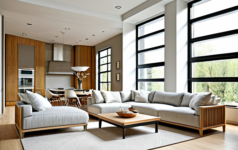 Bright and Airy Living Room with Large Windows**

"A modern living room featuring large, design-focused windows that let in ample natural light. The room is decorated with light-colored furniture and natural wood accents. Focus on the window placement which maximizes light and ventilation. Fully clothed people are enjoying the space. safe for work, appropriate content, professional, modest, perfect anatomy, correct proportions, natural pose, well-formed hands, proper finger count, natural body proportions, high quality."

**