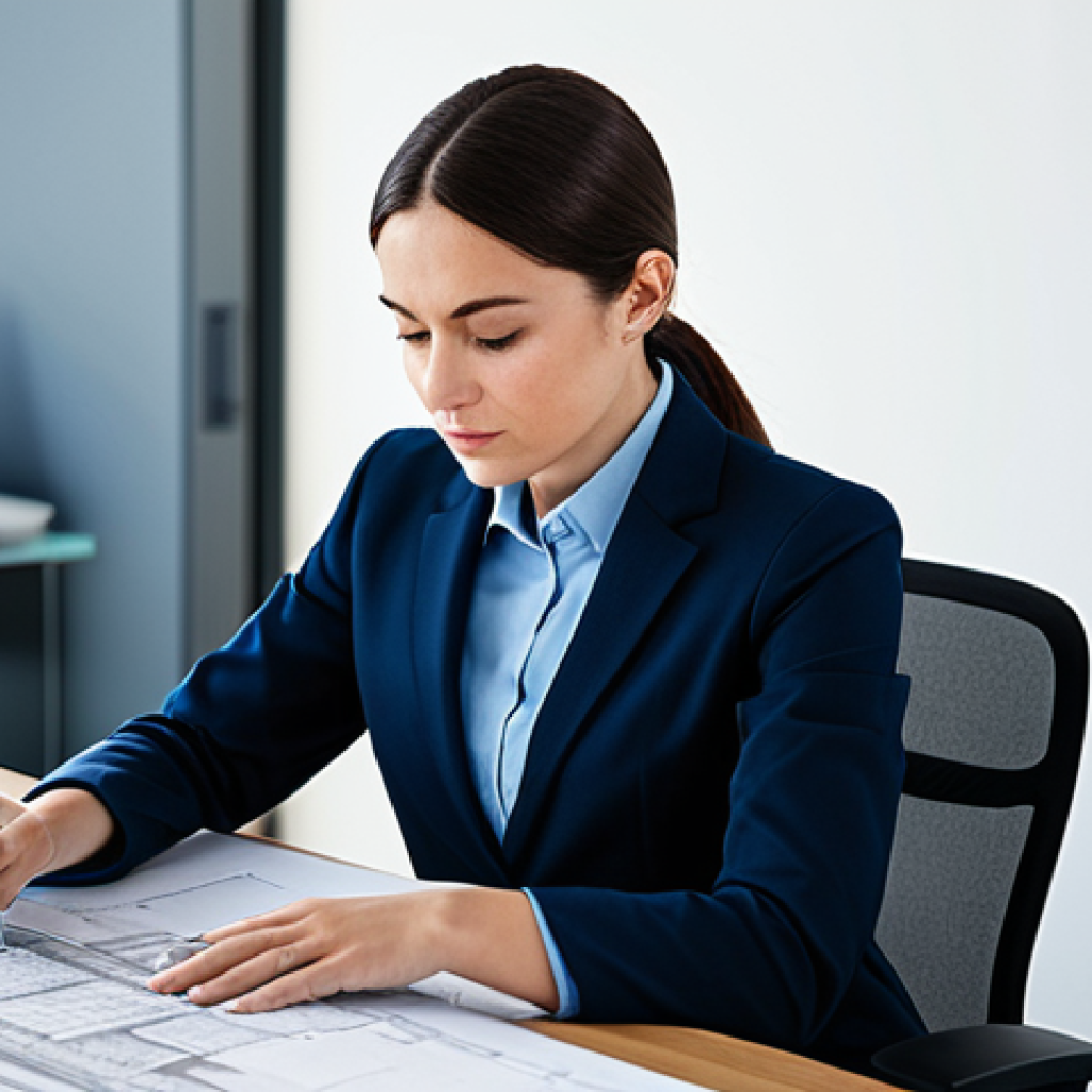 Architect at Work**
"A fully clothed, professional female architect in modest office attire, meticulously reviewing blueprints at her desk in a bright, modern office. Safe for work. Perfect anatomy, correct proportions, well-formed hands. Focus on the blueprint details and her focused expression. Appropriate content. Professional."
**