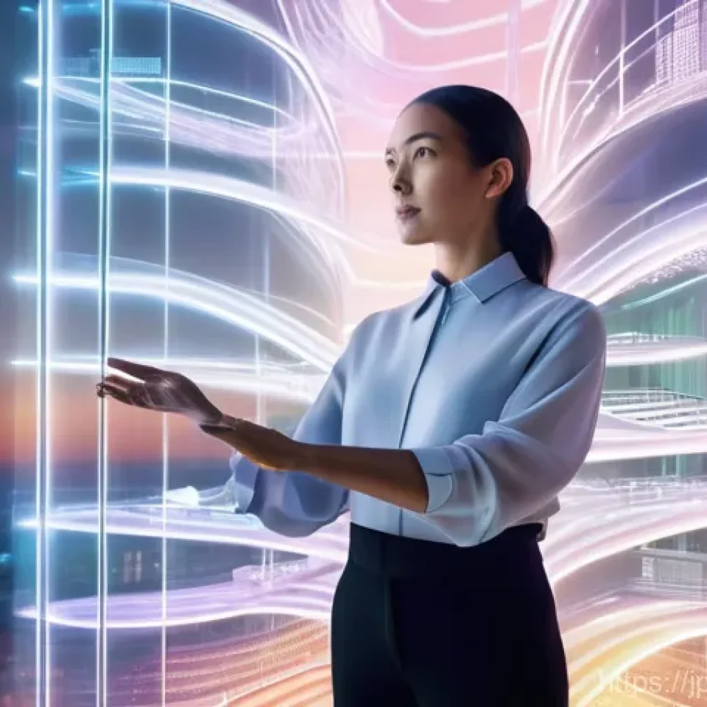 건축 설계 프로세스 최적화 - **Prompt:** A futuristic architectural studio at dusk. A focused, female architect in her late 30s, ...