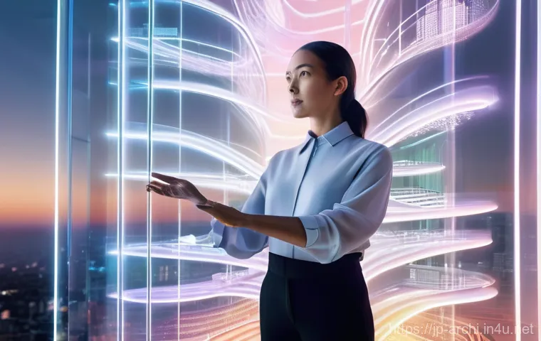 건축 설계 프로세스 최적화 - **Prompt:** A futuristic architectural studio at dusk. A focused, female architect in her late 30s, ...