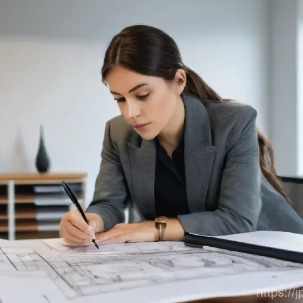 건축 실기 시험 합격 사례 연구 - **Prompt:** A focused architect, a woman in her late 20s or early 30s, with short, professional hair...