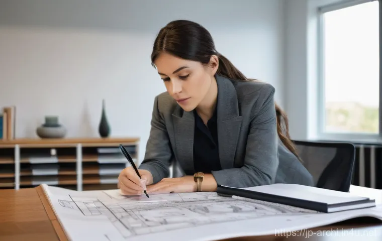 건축 실기 시험 합격 사례 연구 - **Prompt:** A focused architect, a woman in her late 20s or early 30s, with short, professional hair...