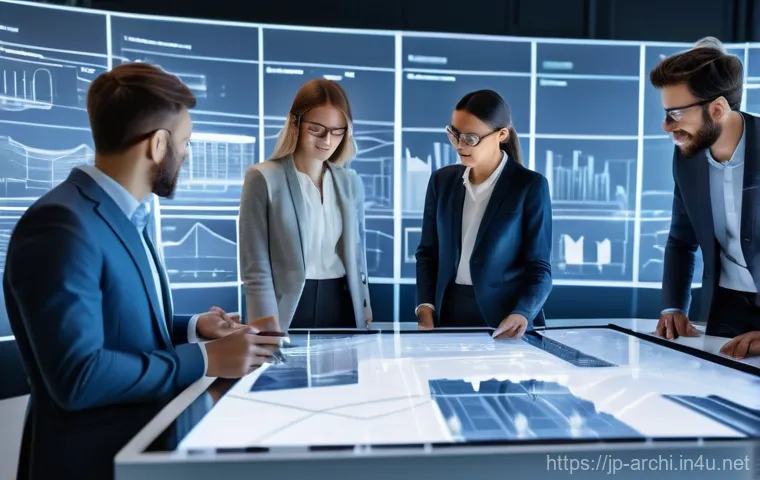 건축 실무에서의 자기 계발 사례 분석 - A diverse team of male and female architects and construction engineers, dressed in smart casual bus...