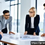 건축 실무에서 요구되는 협업 스킬 분석 - A diverse team of professional architects, structural engineers, and interior designers, composed of...