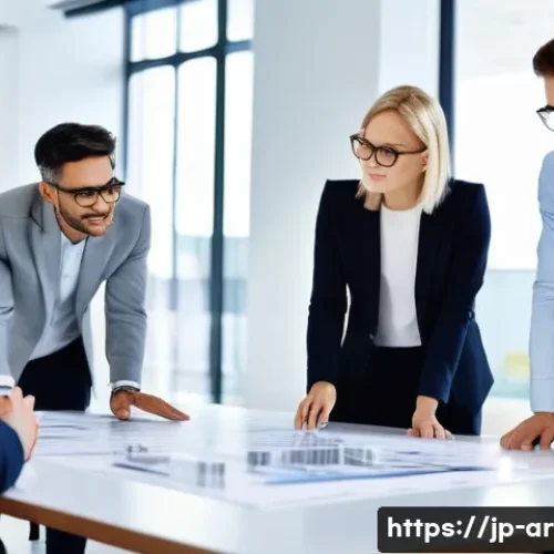 건축 실무에서 요구되는 협업 스킬 분석 - A diverse team of professional architects, structural engineers, and interior designers, composed of...