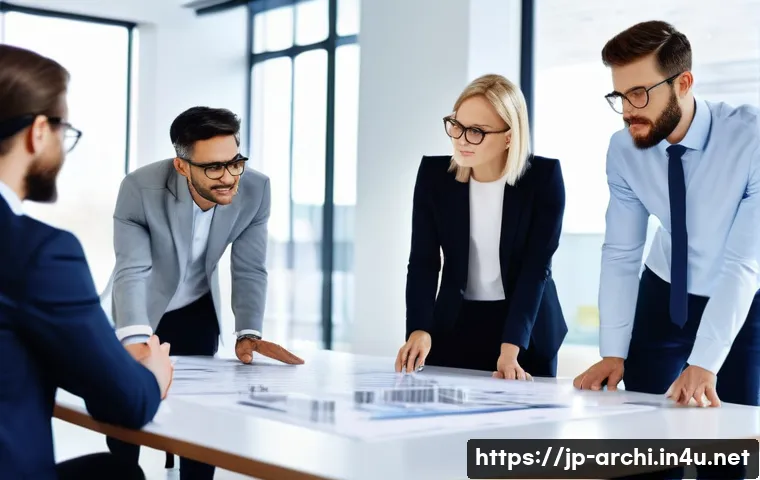 건축 실무에서 요구되는 협업 스킬 분석 - A diverse team of professional architects, structural engineers, and interior designers, composed of...